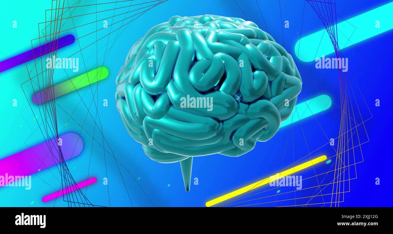 Image of rotating blue brain over colourful shapes and 3d network ...