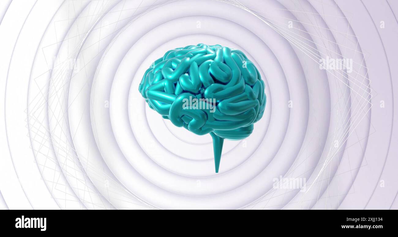 Image of rotating blue brain over concentric rotating grey rings ...