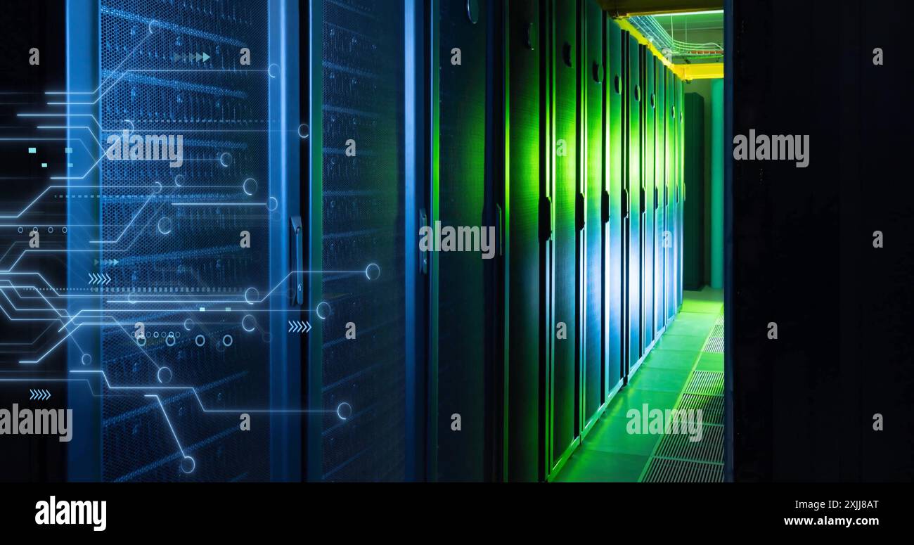 Image of circuit board and data processing over computer servers Stock Photo