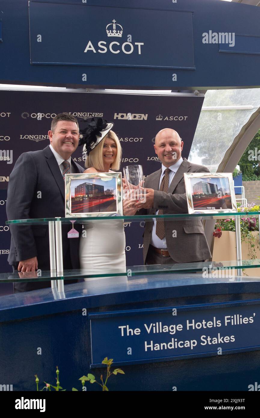 Ascot, Berkshire, UK. 13th July, 2024. The Winners Presentation. Horse Surveyor (No 13) ridden by jockey Callum Shepherd wins the Village Hotels Fillies' Handicap Stakes at Ascot Racecourse in Berkshire at the Summer Mile Family Raceday. Owner Cheveley Park Stud, Trainer James Fanshawe, Newmarket, Breeder and Sponsor Cheveley Park Stud Limited. Credit: Maureen McLean/Alamy Live News Stock Photo