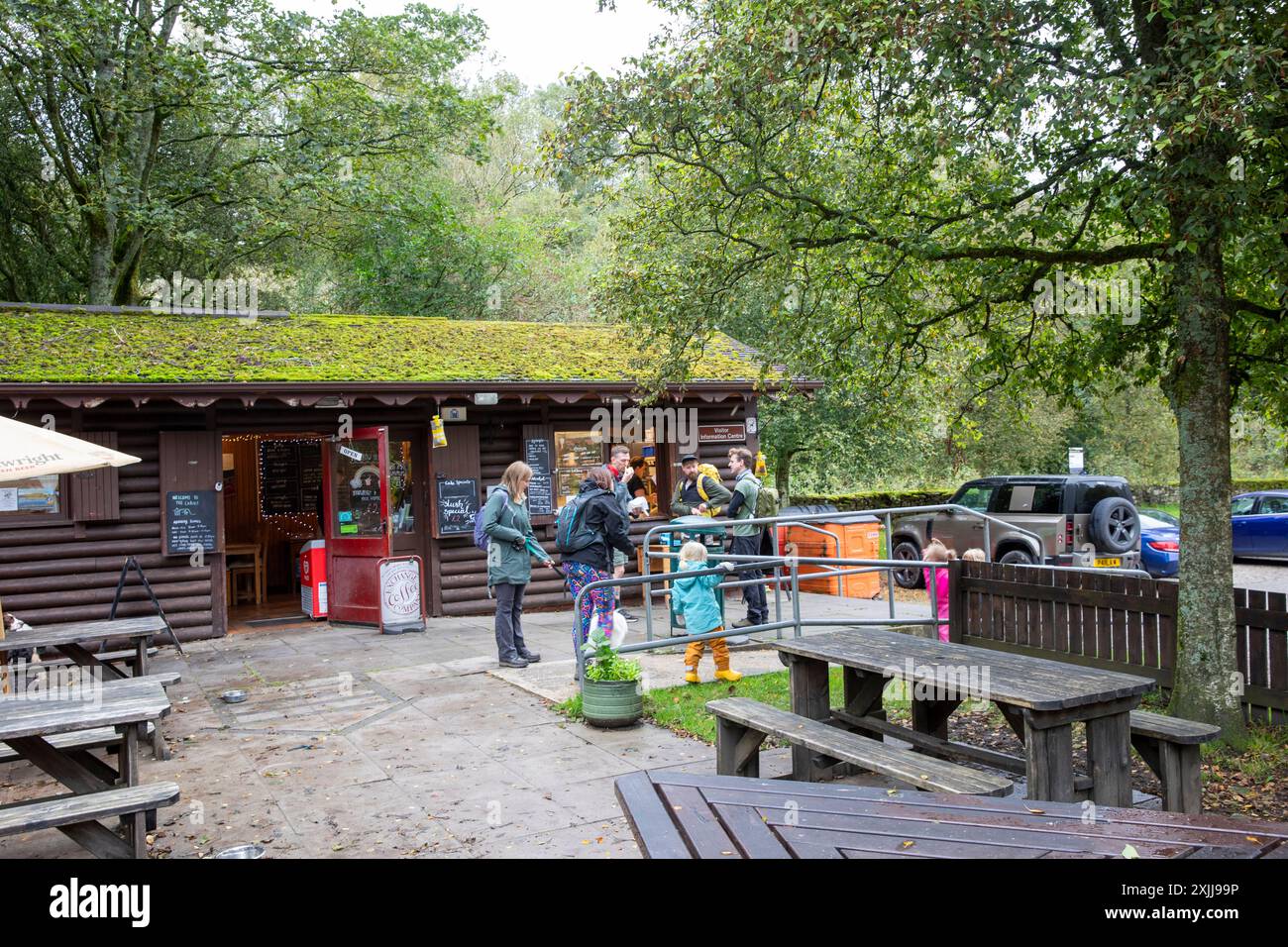 Barley Lancashire, the log cabin cafe and tourist information office in Barley car park popular for walkers to Pendle Hill, Lancahire, England,UK Stock Photo