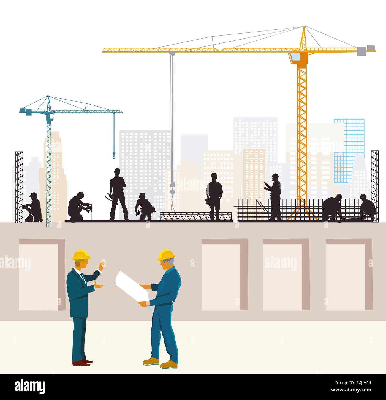 Construction worker on the construction site, illustration Stock Photo ...