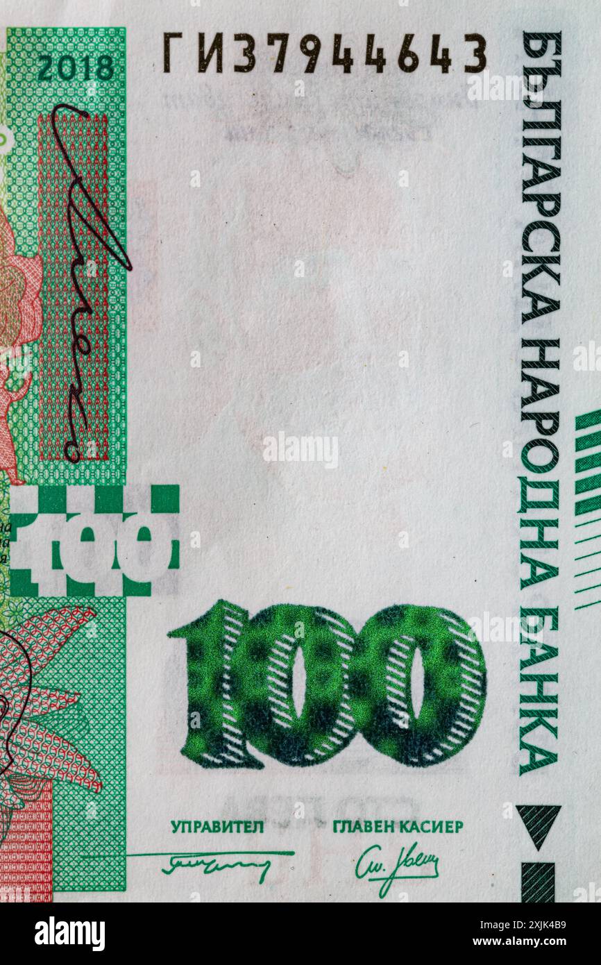 Lev Notes Closeup of 100 Bulgarian lev banknote for design purpose Stock Photo ...