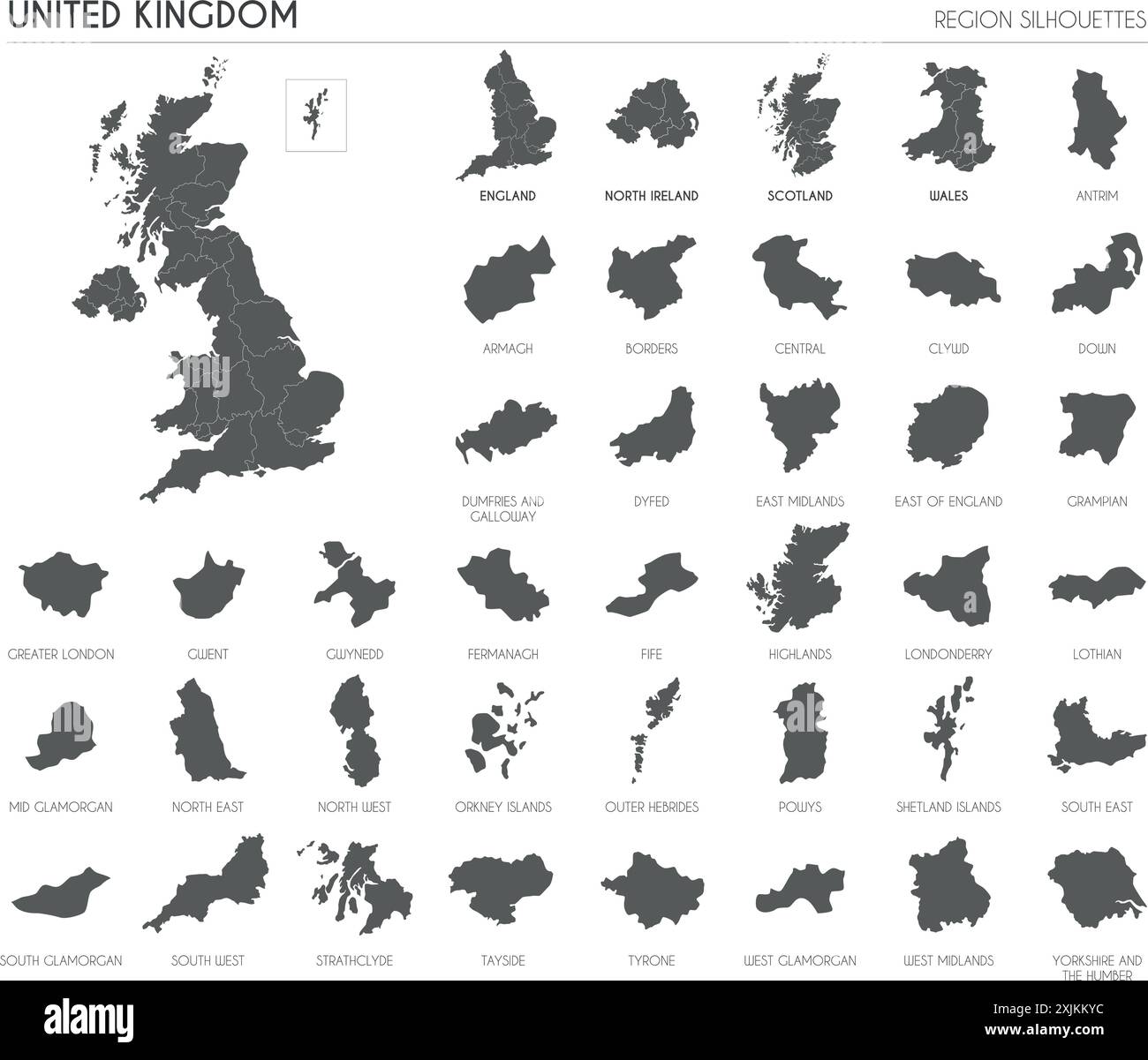 UK region silhouettes set and blank map of the country isolated on white background. Vector illustration design Stock Vector