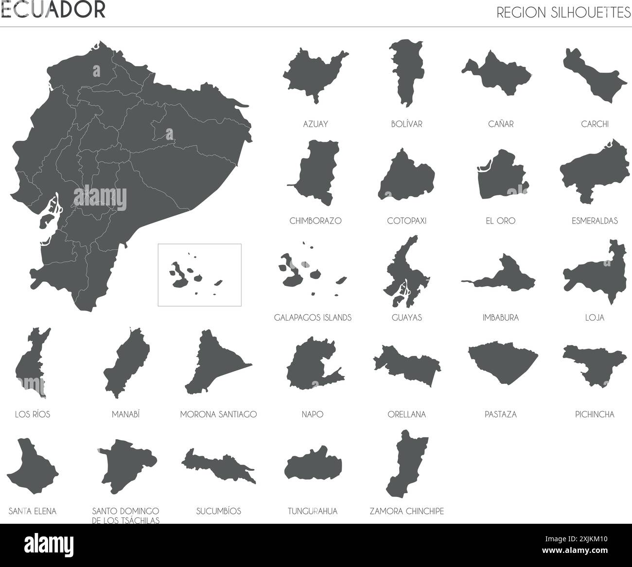 Ecuador region silhouettes set and blank map of the country isolated on white background. Vector illustration design Stock Vector