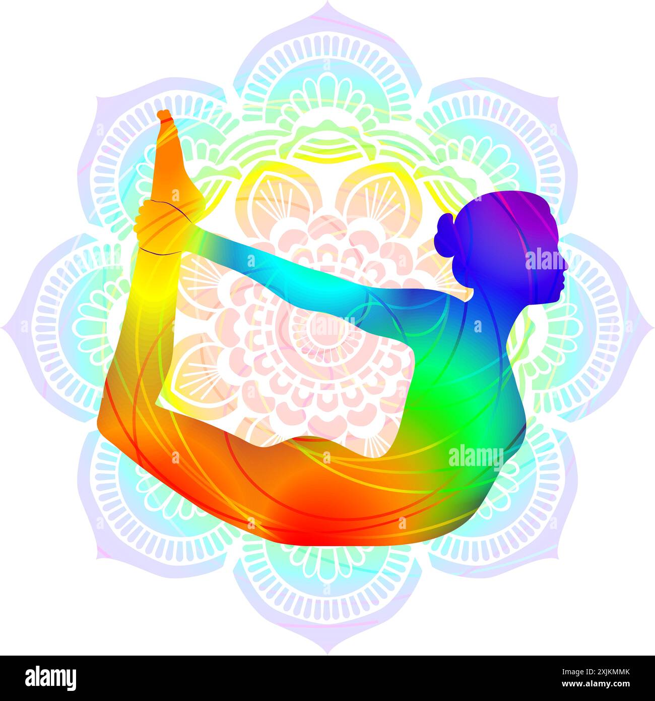 Colorful silhouette of woman practicing Dhanurasana yoga pose. Bow pose ...
