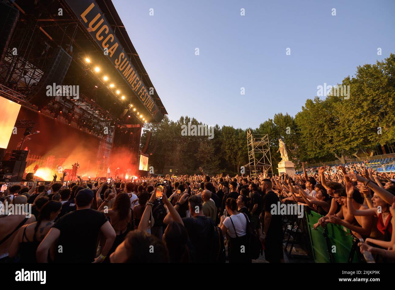 Lucca, Italy. 18th July, 2024. SALMO and NOYZ they perform on stage in Piazza Napoleone at the Lucca Summer Festival with their Hellraisers tour. (Photo by Stefano Dalle Luche/Pacific Press) Credit: Pacific Press Media Production Corp./Alamy Live News Stock Photo