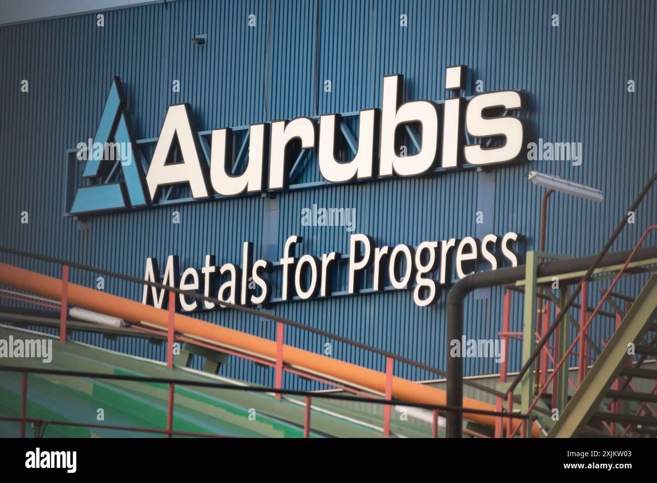 Logo and lettering Aurubis Metal for Progress on a factory building at ...