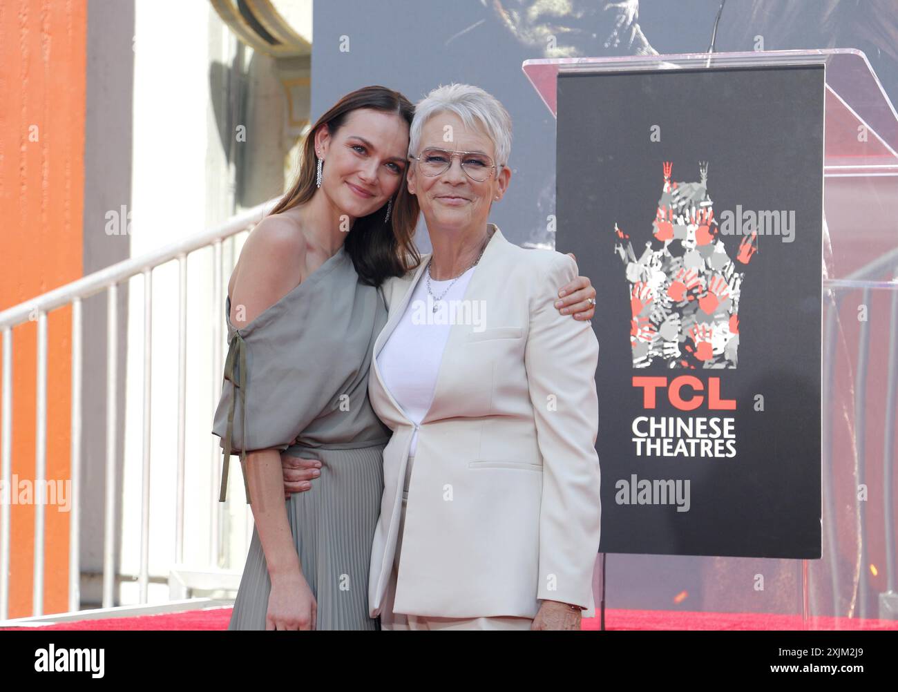 Andi Matichak and Jamie Lee Curtis at Jamie Lee Curtis hand and footprint in cement ceremony held at the TCL Chinese Theatre in Hollywood, USA on Stock Photo