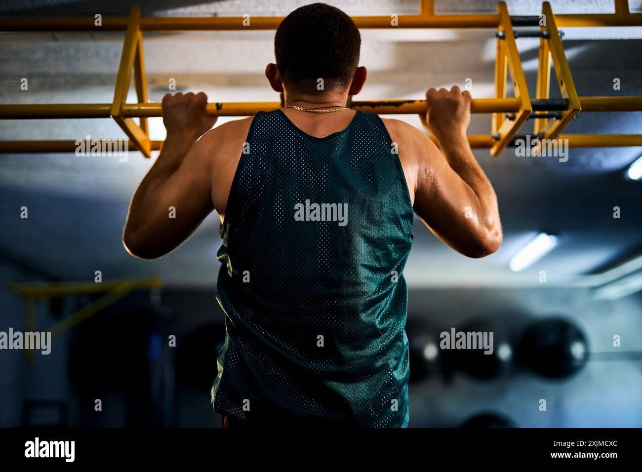 Back view of a strong man doing pull ups in a gym. Fitness and ...