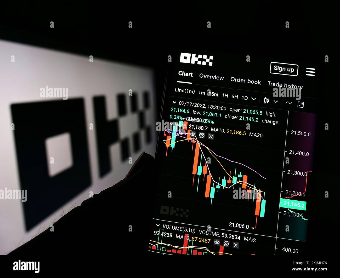 Stuttgart, Germany, 07-17-2022: Person holding cellphone with webpage of crypto company Aux Cayes FinTech Co. Ltd. (OKX) on screen with logo. Focus Stock Photo