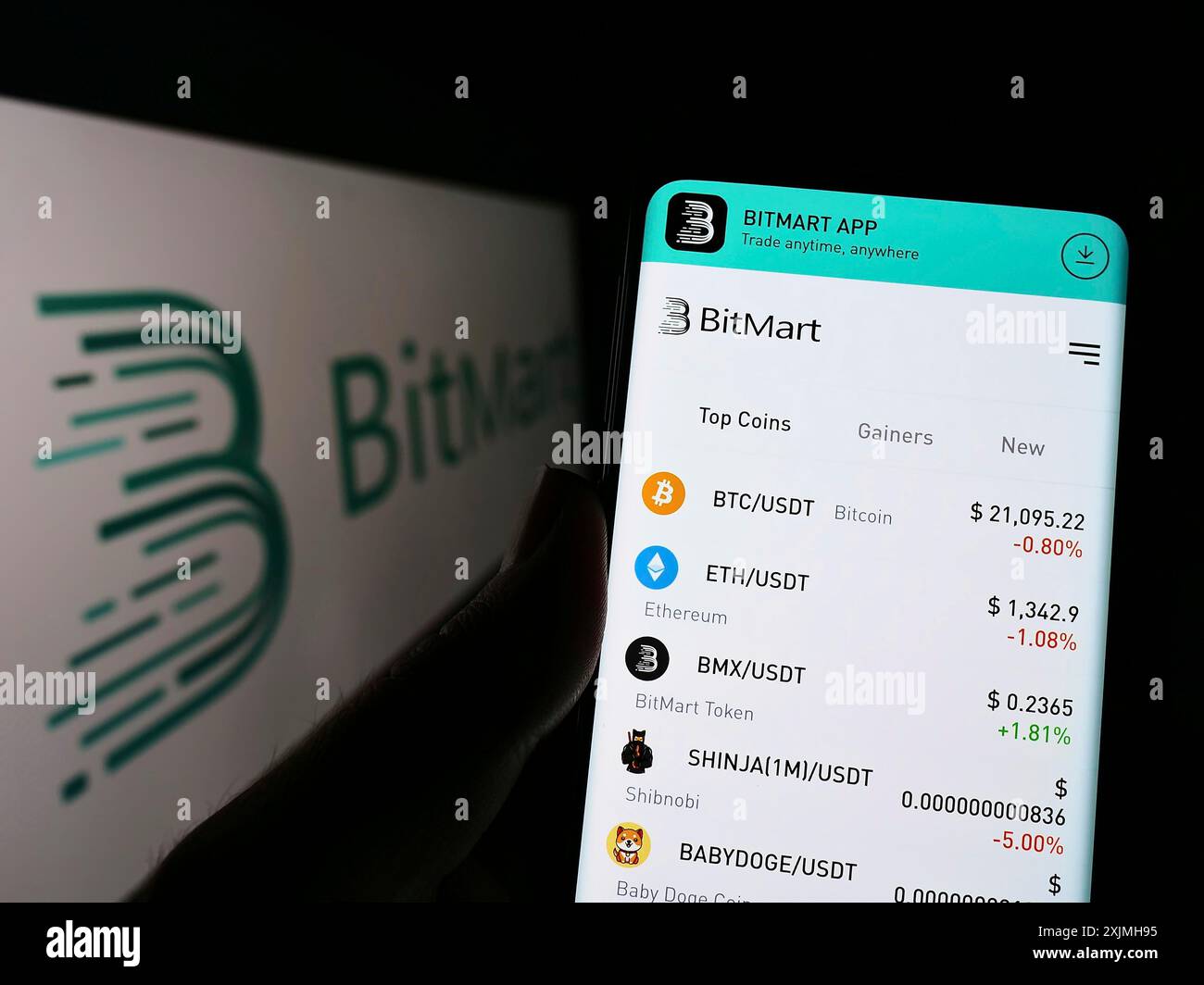 Person holding smartphone with webpage of GBM Global Holding Company  Limited (BitMart) on screen with logo. Focus on center of phone display  Stock Photo - Alamy