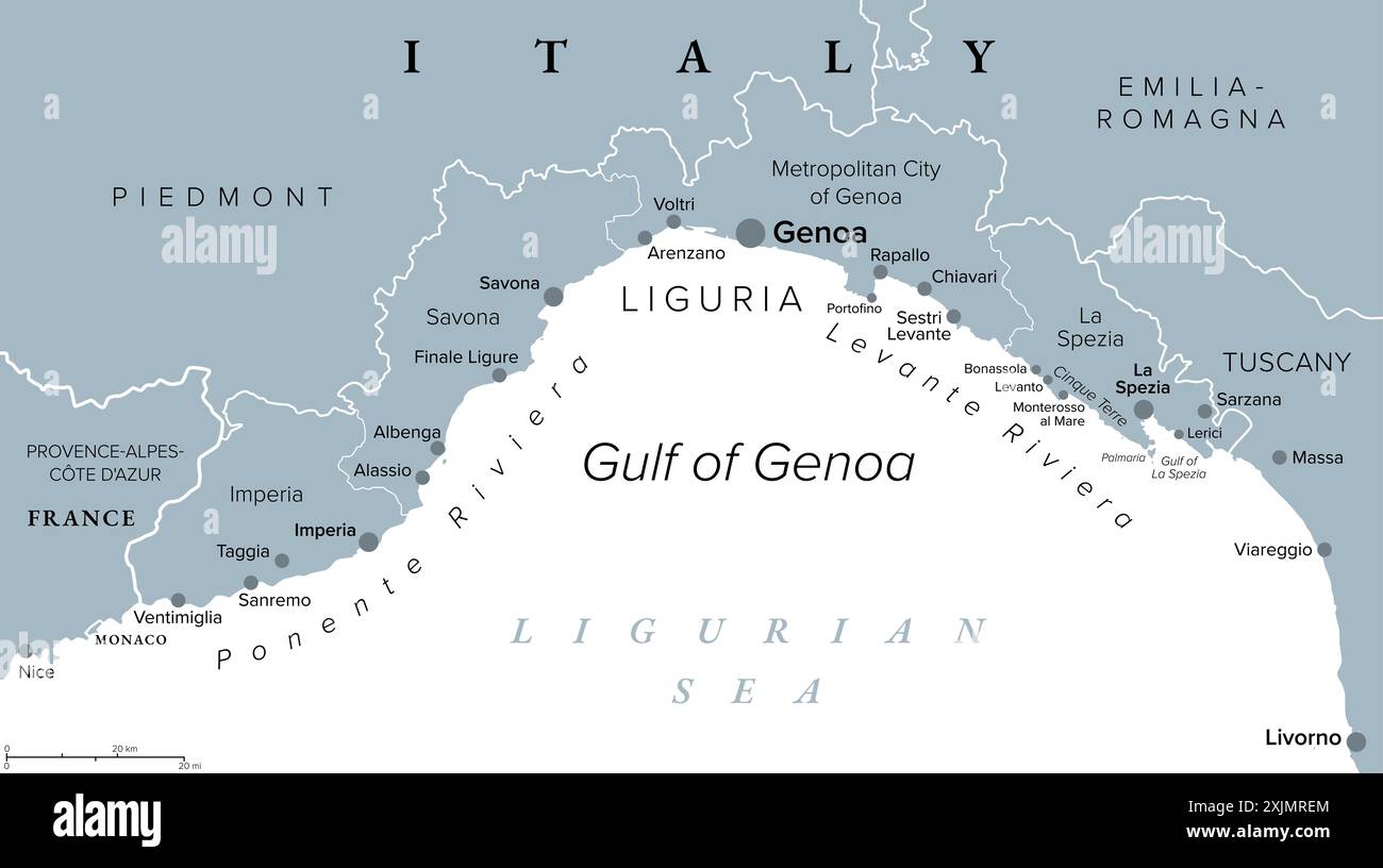 Liguria and the Italian Riviera, or Ligurian Riviera, gray political ...