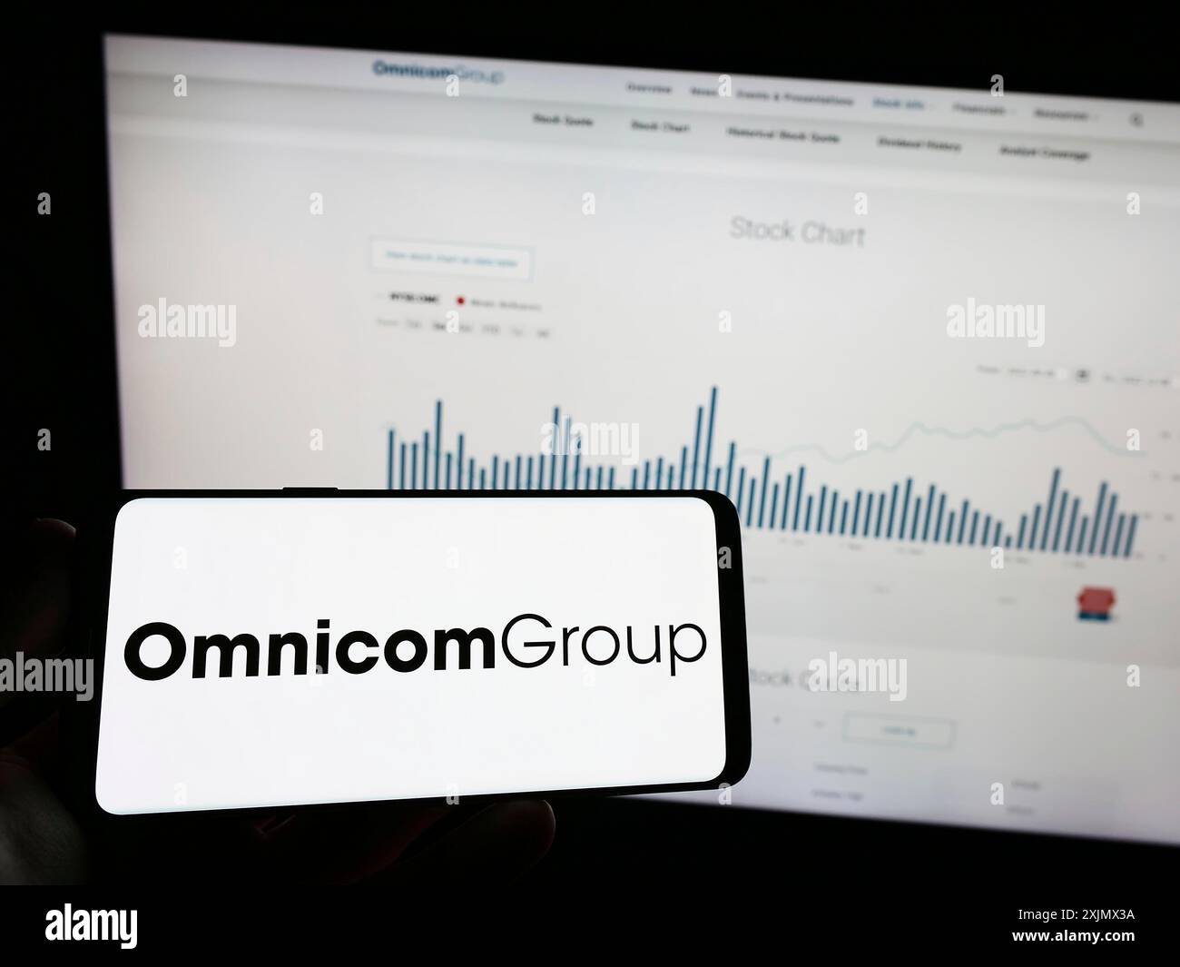 Stuttgart, Germany, 12-10-2022: Person holding mobile phone with logo of American media company Omnicom Group Inc. on screen in front of web page. Stock Photo