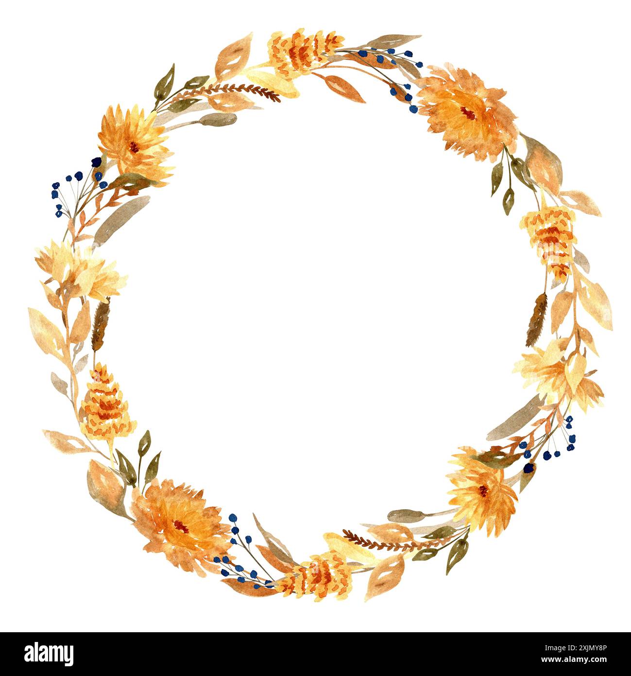 Watercolor hand drawn dried flowers wreath isolated on white background ...