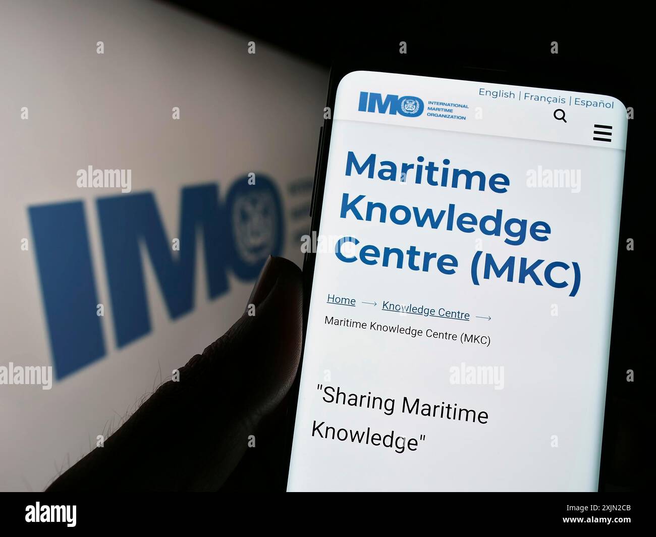 Stuttgart, Germany, 03-07-2023: Person holding cellphone with webpage of International Maritime Organization (IMO) on screen in front of logo. Focus Stock Photo