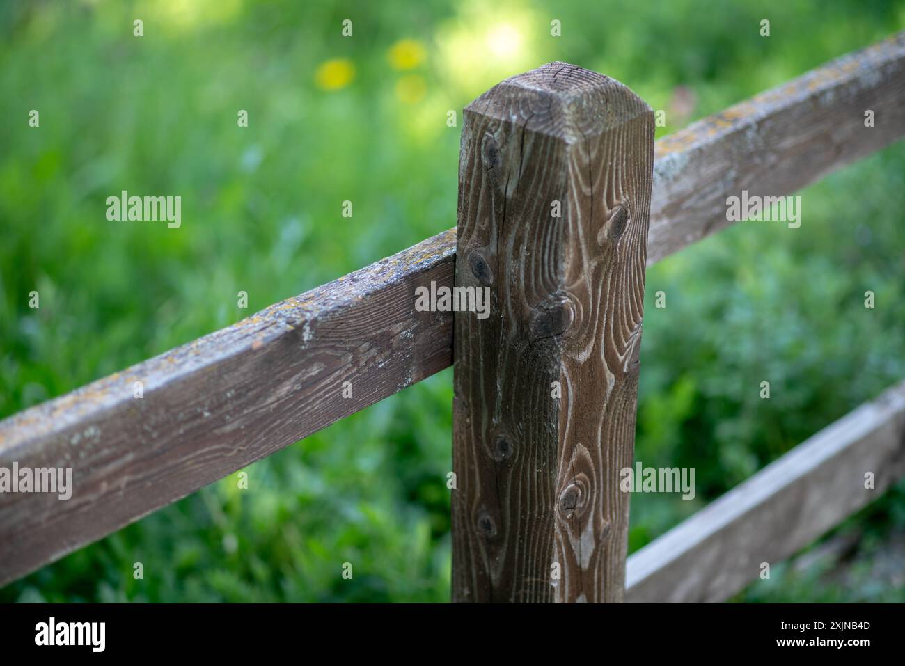 wooden fence, to enclose a park, garden, avenue. poles with seasoned wood, usually chestnut, which resists well outdoors. It is important to protect s Stock Photo