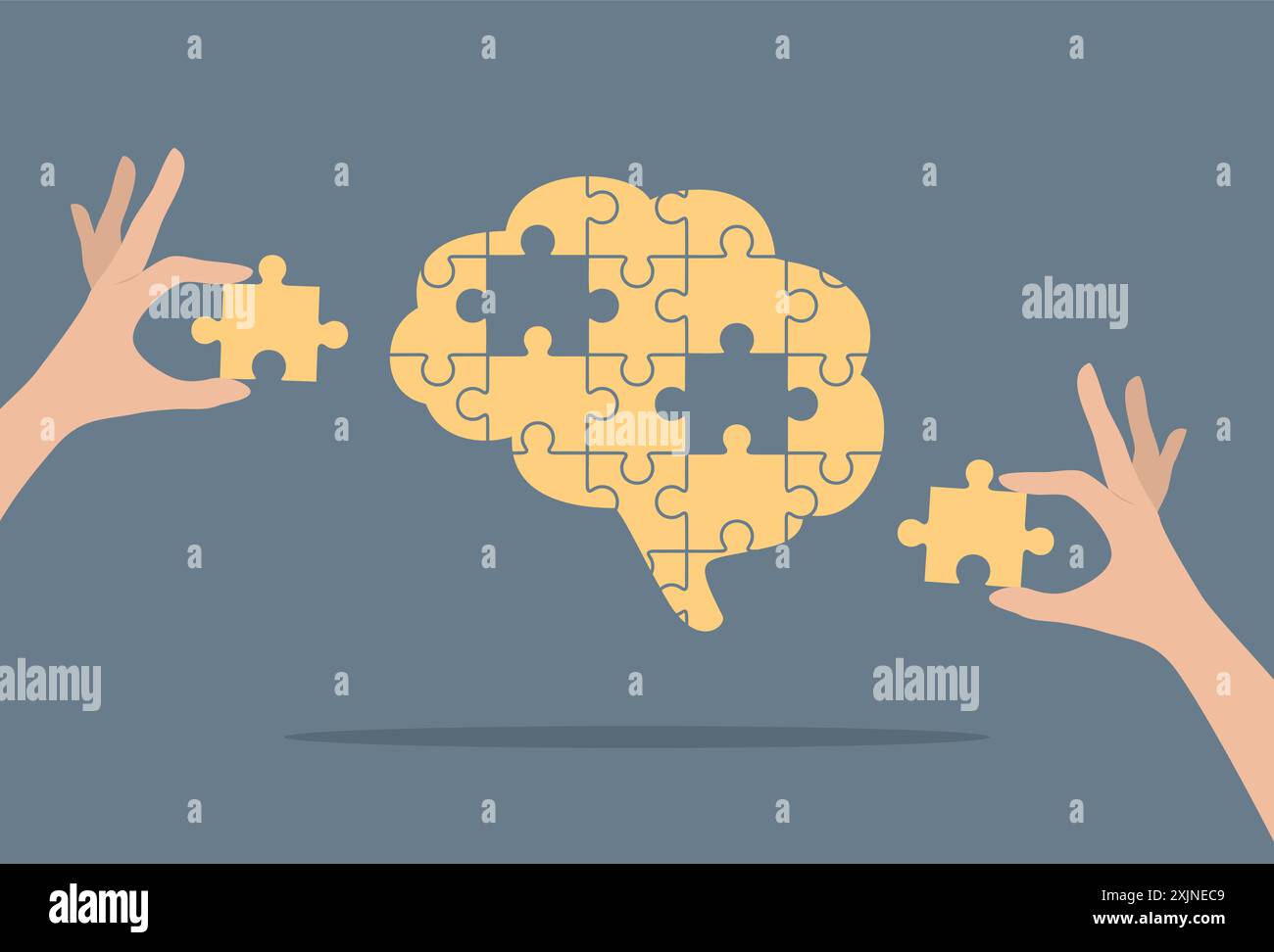 A yellow puzzle brain and two hands putting the missing pieces into it. Flat vector illustration Stock Vector