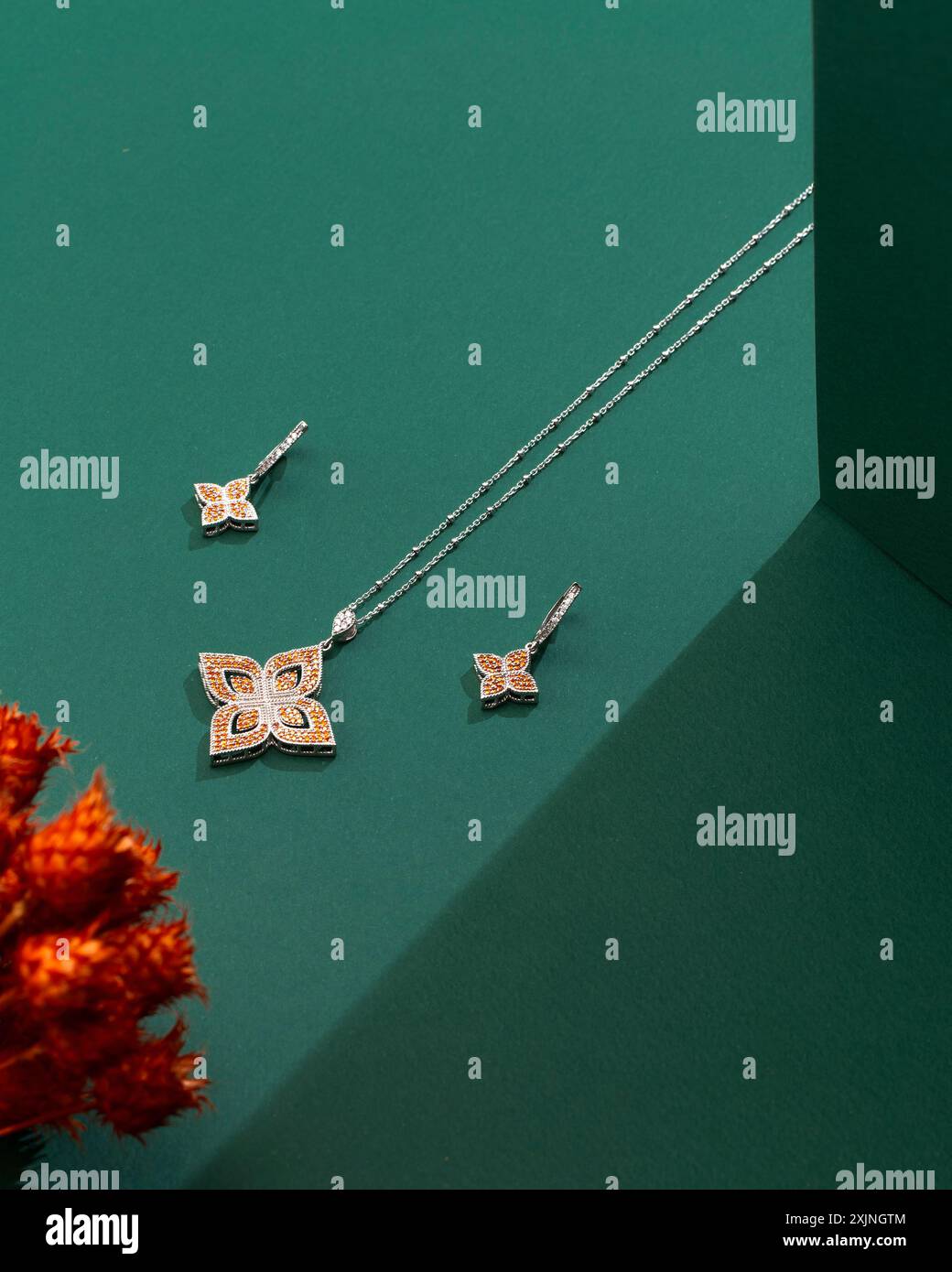 Elegant butterfly-shaped jewelry set with orange and silver accents on a green background. Stock Photo