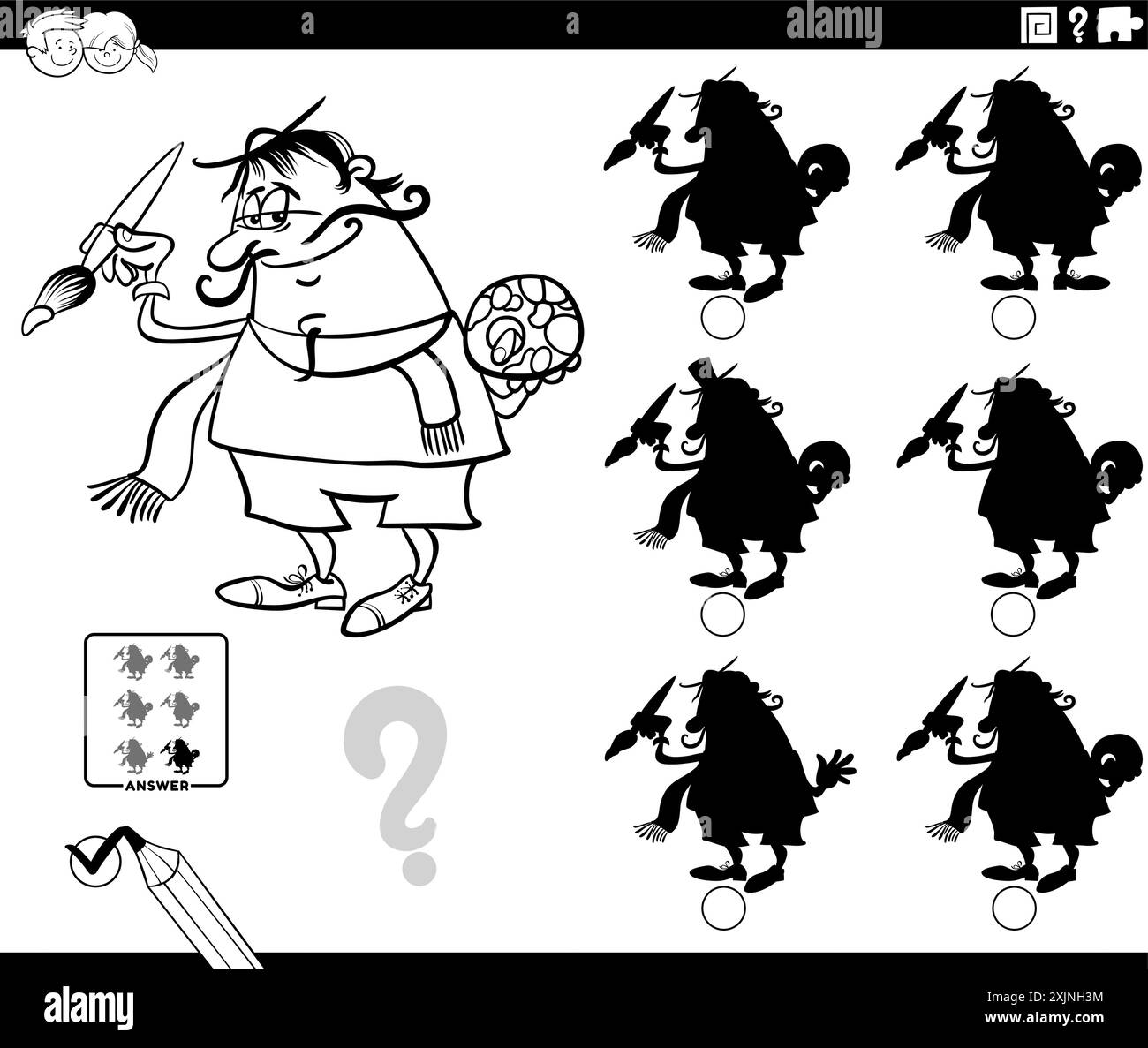 Cartoon illustration of finding the right picture to the shadow