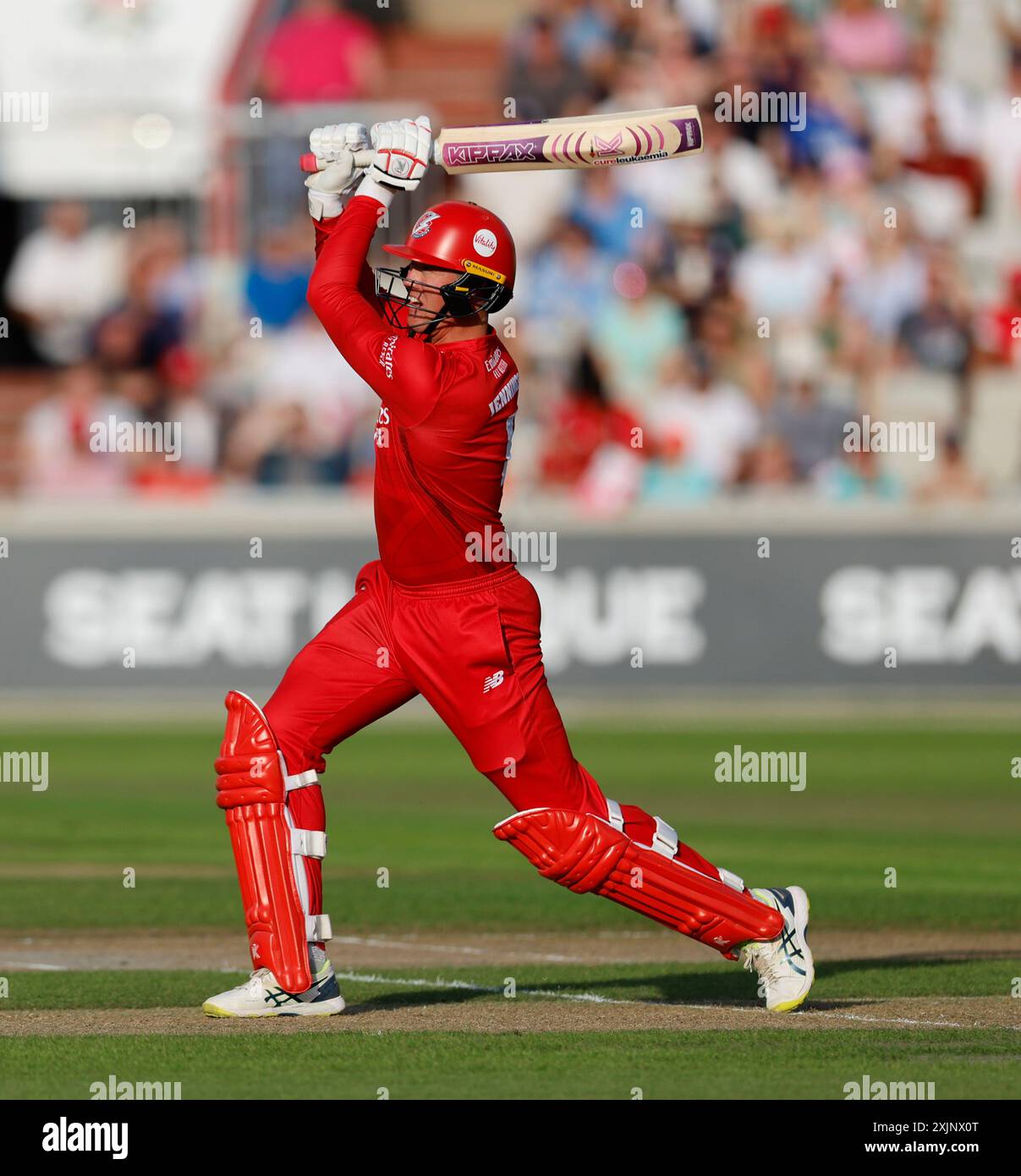 19th July 2024; Emirates Old Trafford Cricket Ground, Manchester, England; Vitality Blast T20 League Cricket, Lancashire Lightning versus Northamptonshire Steelbacks; Keaton Jennings of Lancashire Lightning drives down the ground Stock Photo