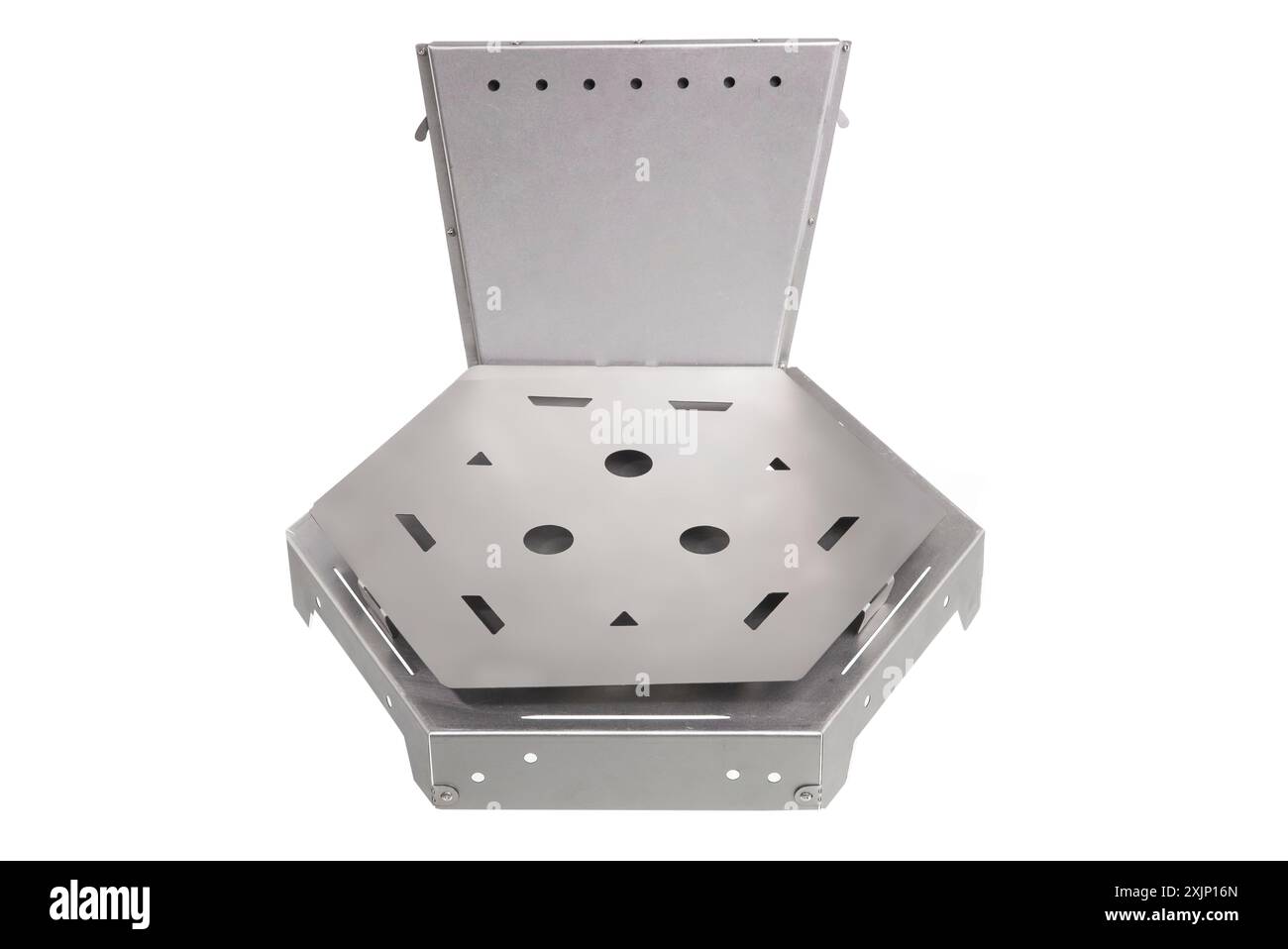 Hexagonal metal fire pit with an open top view. Stock Photo