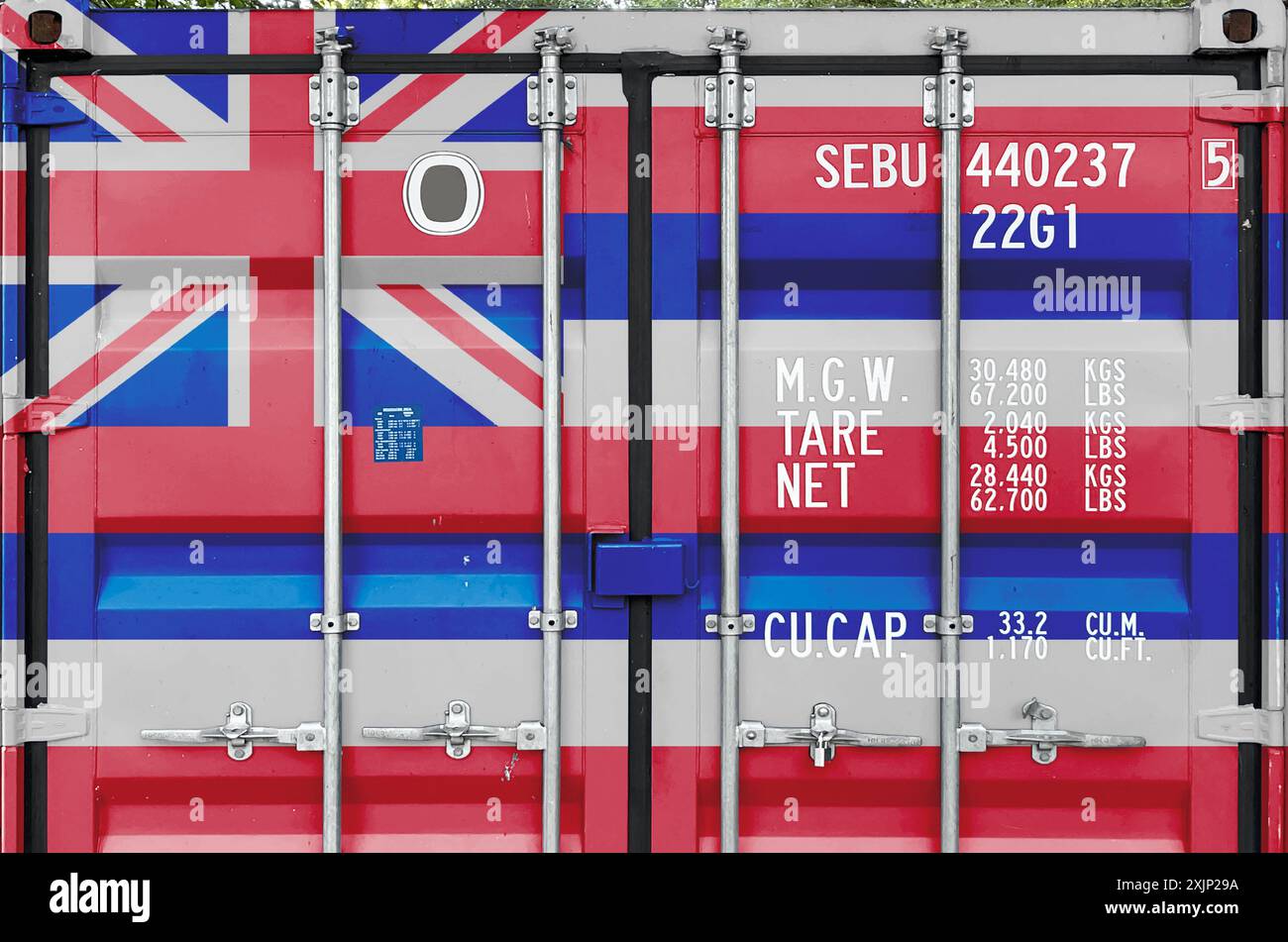 Hawaii US state flag depicted on metal doors of shipping cargo ...