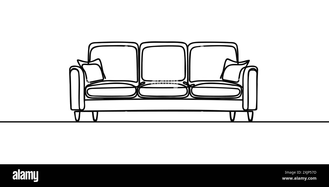 Continuous one line drawing of sofa or bed Living room interior in loft ...