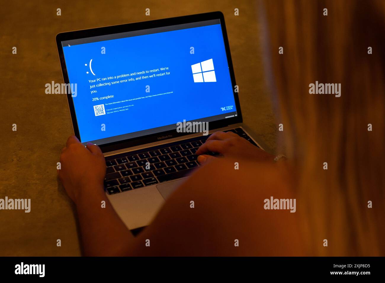 Zagreb, Croatia. 19th July, 2024. Photo taken on July 19, 2024. in Zagreb, Croatia shows a blue error screen, also known as the 'Blue Screen of Death' (BSOD) on a laptop screen. Millions of Windows users across the globe today experienced the Blue Screen of Death (BSOD) error which caused the system to suddenly shut down or restart. Photo: Igor Kralj/PIXSELL Credit: Pixsell/Alamy Live News Stock Photo