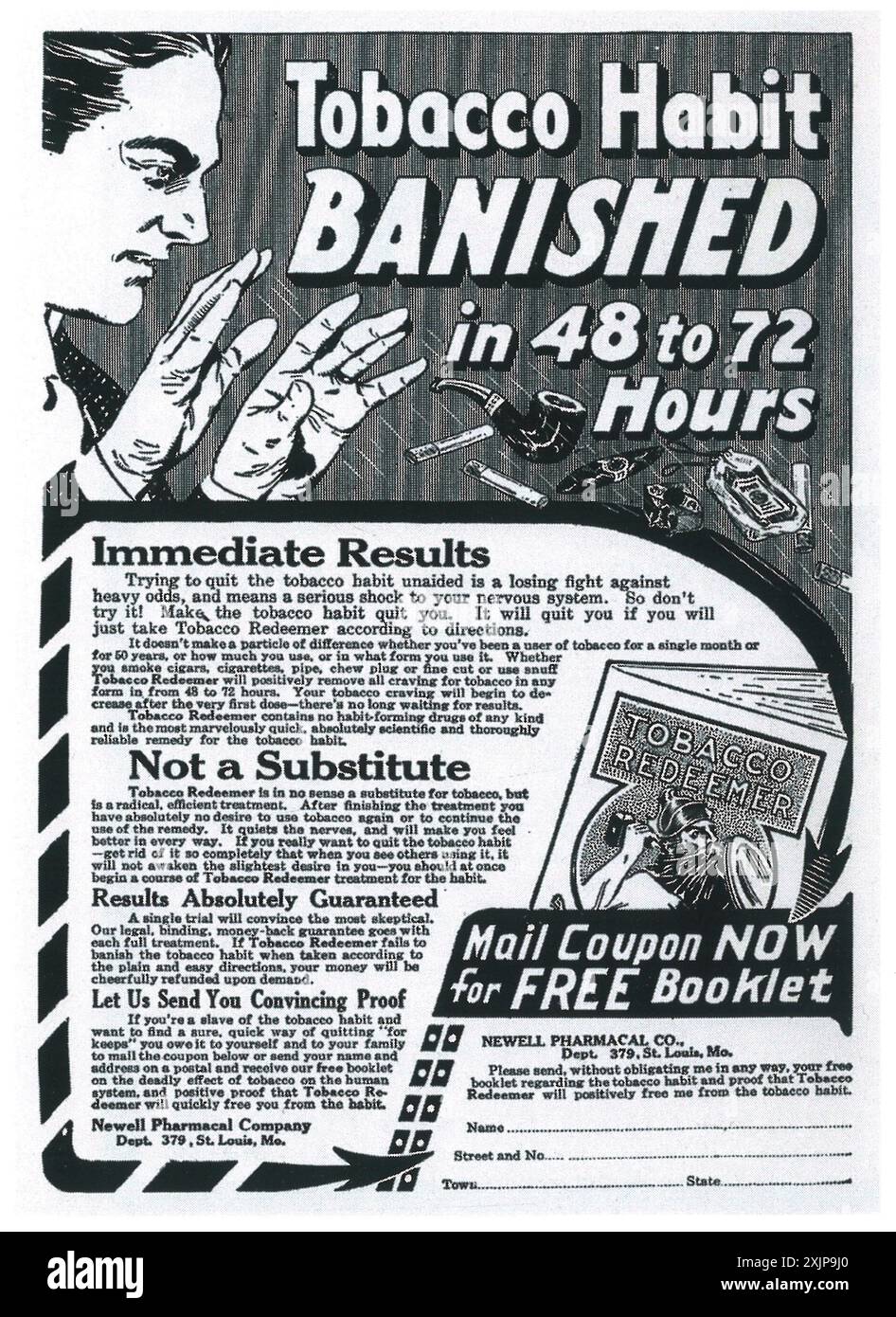 1916 Newell Pharmacal ad - Tobacco Habit Banished In 72 Hrs! - Tobacco redeemer Stock Photo