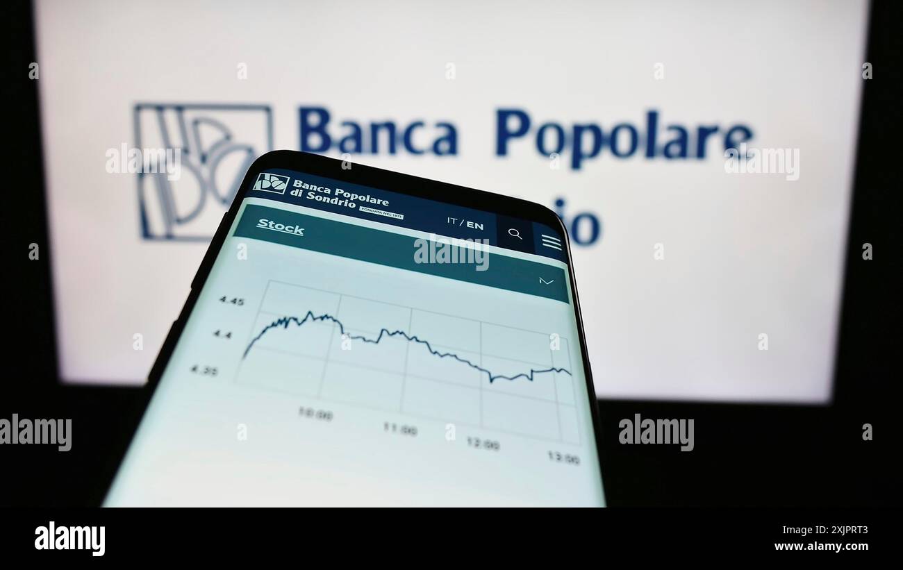 Stuttgart, Germany, 08-30-2023: Smartphone with webpage of Banca Popolare di Sondrio S.C.p.A. (BPSO) on screen in front of business logo. Focus on Stock Photo