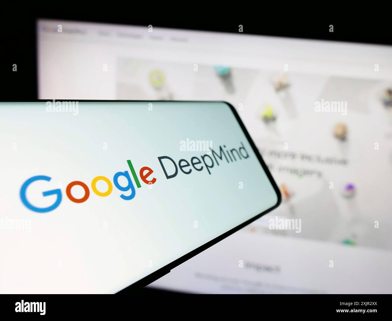 Stuttgart, Germany, 12-14-2023: Mobile phone with logo of artificial intelligence company Google DeepMind in front of business website. Focus on Stock Photo