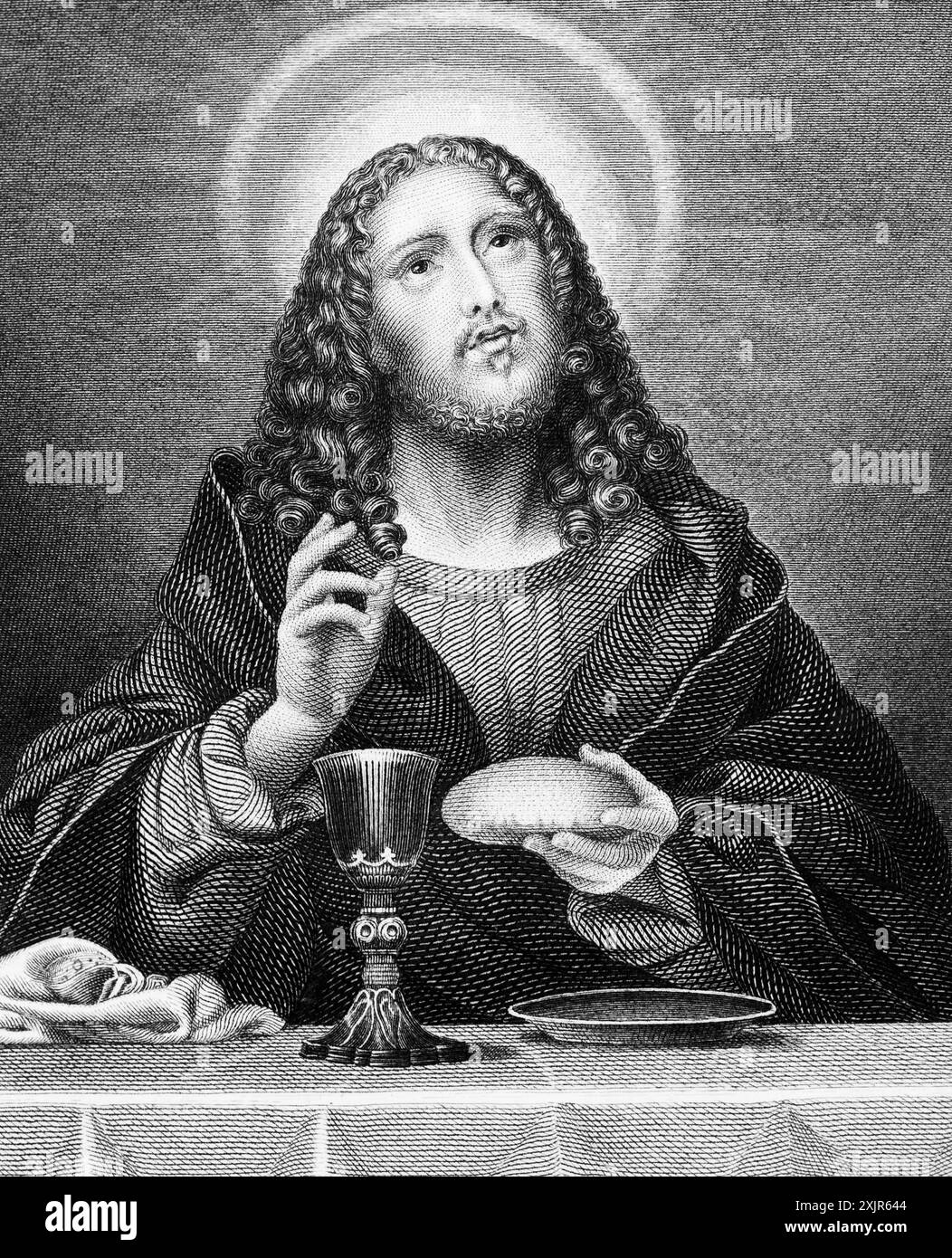 Portrait of Jesus Christ, halo, table, bread, wine, cloak, bible ...