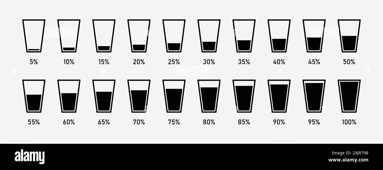 Water glass icon set in black color. Glasses filled with water to percentage. It can be used to show the water fill level in dams and lakes. Stock Vector