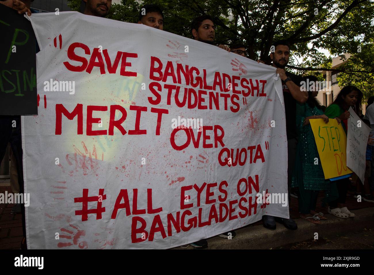 Washington Dc, United States . 19th July, 2024. The Bangladeshi community is holding a rally in front of the country's Embassy in Washington DC, USA on July 19, 2024. They demand to stop killing innocent students who are demanding quota system reform in government jobs in back their home country. In Bangladesh, more than 100 people have died in ongoing protests in a couple of days. (Photo by Aashish Kiphayet/Sipa USA) Credit: Sipa USA/Alamy Live News Stock Photo