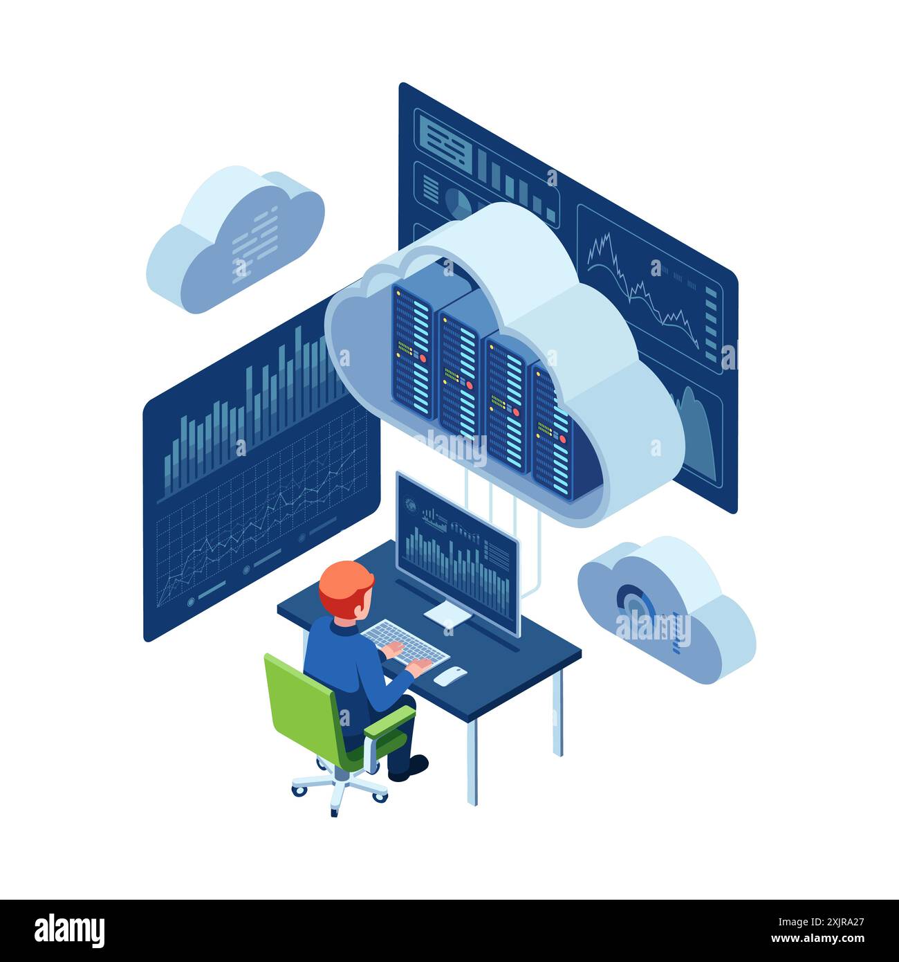 Isometric Data Analyst Monitoring Cloud Computing Data.  Cloud Computing Concept Stock Vector