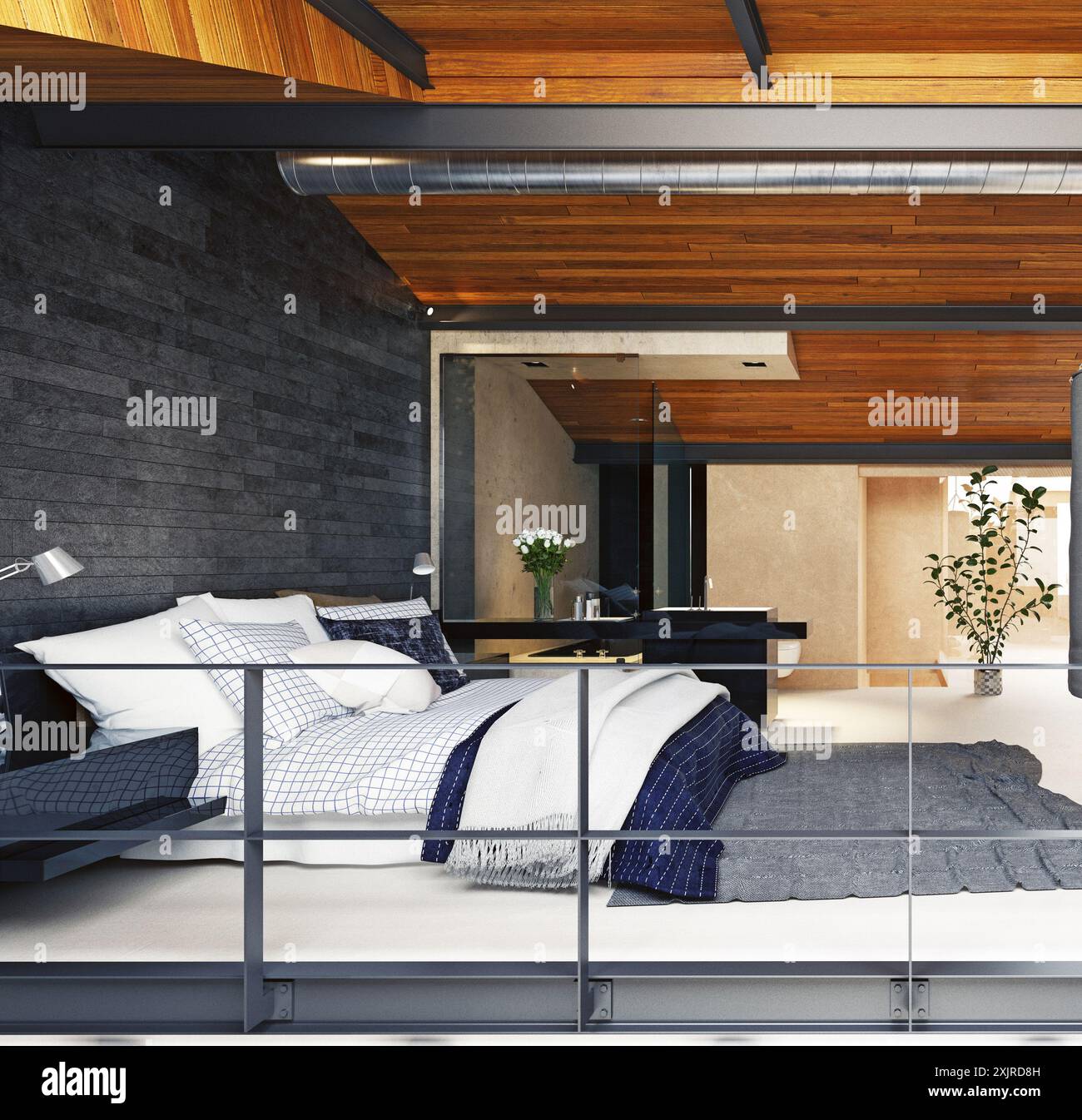 modern loft bedroom interior. 3d rendering design Stock Photo - Alamy