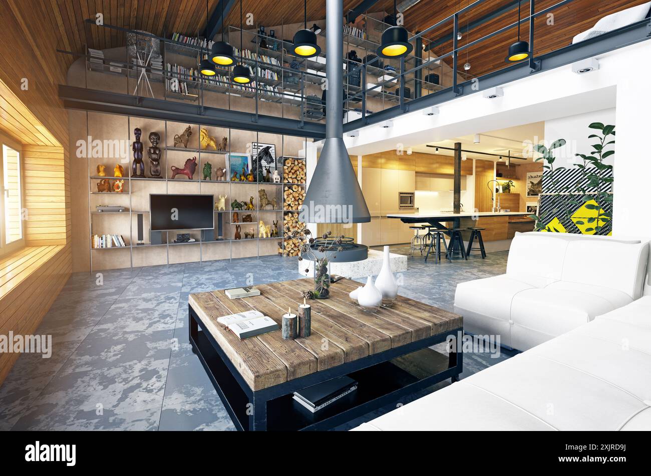 modern loft living room interior. 3d rendering design concept Stock ...