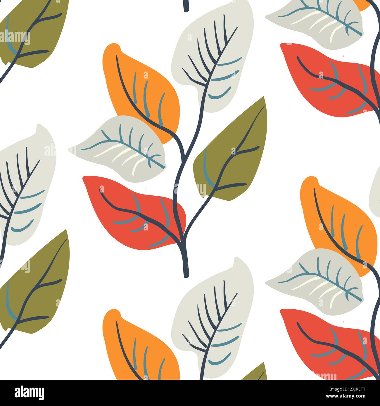 Seamless pattern. Simple Plant. Simple branch of bright autumn leaves. White background. Decorative ornament in Scandinavian style. Hand drown. Flat vector illustration Stock Vector