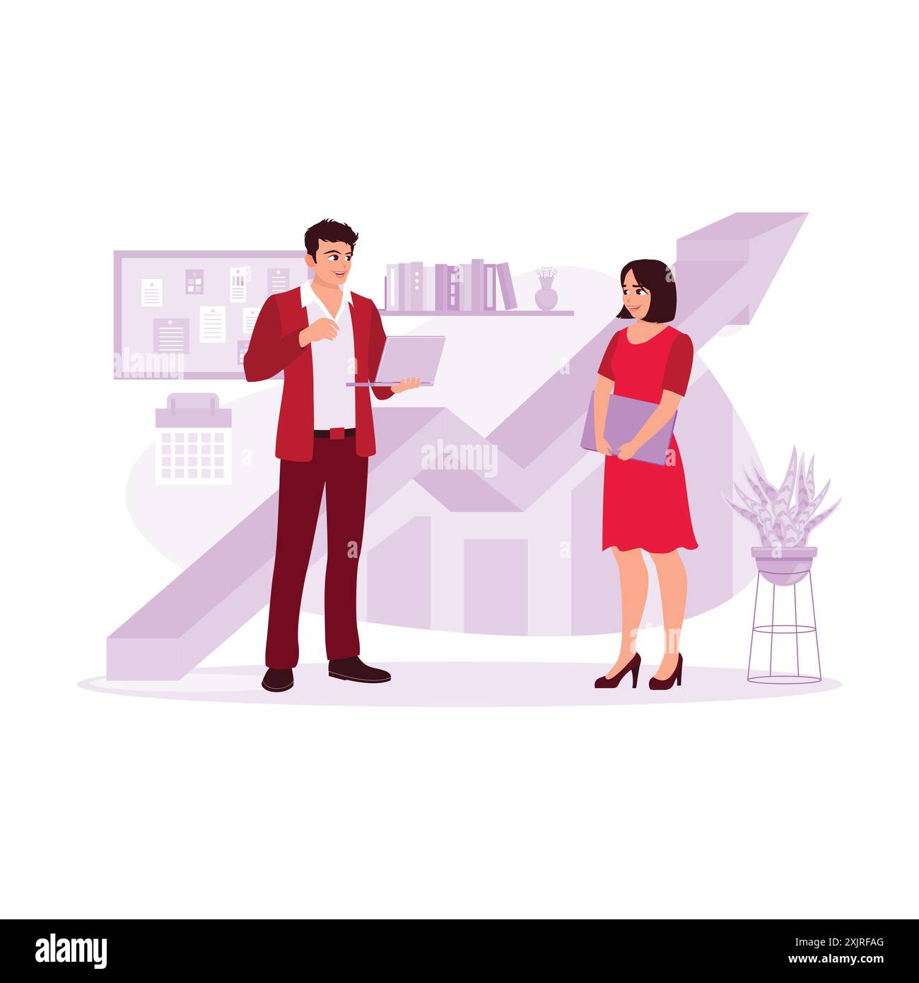 Two young male employees with laptops explain business projects to female colleagues in the office room. Trend Modern vector flat illustration. Stock Vector