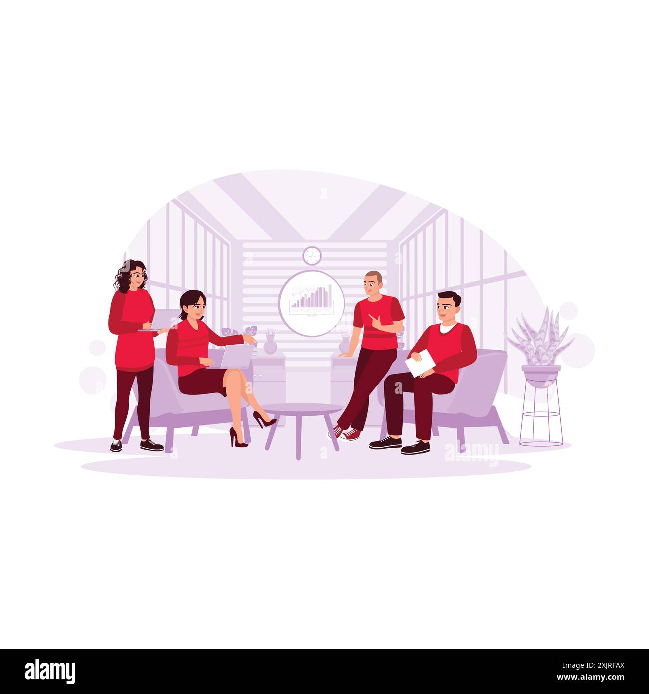 The young working people get together, discuss business, and promote creative teamwork and cooperation. Trend Modern vector flat illustration. Stock Vector