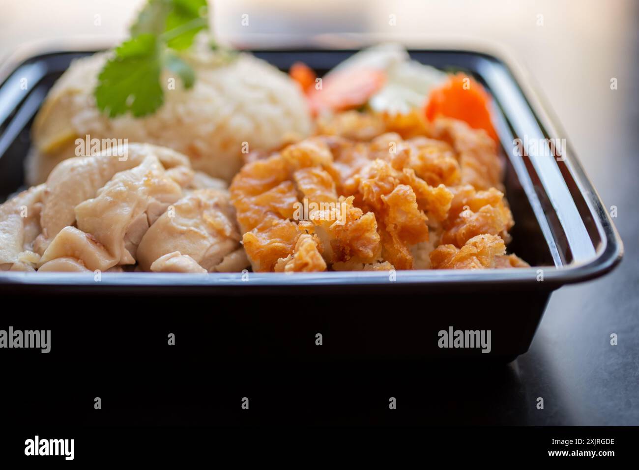 A closeup view of a Hainanese and crispy chicken combination entree ...