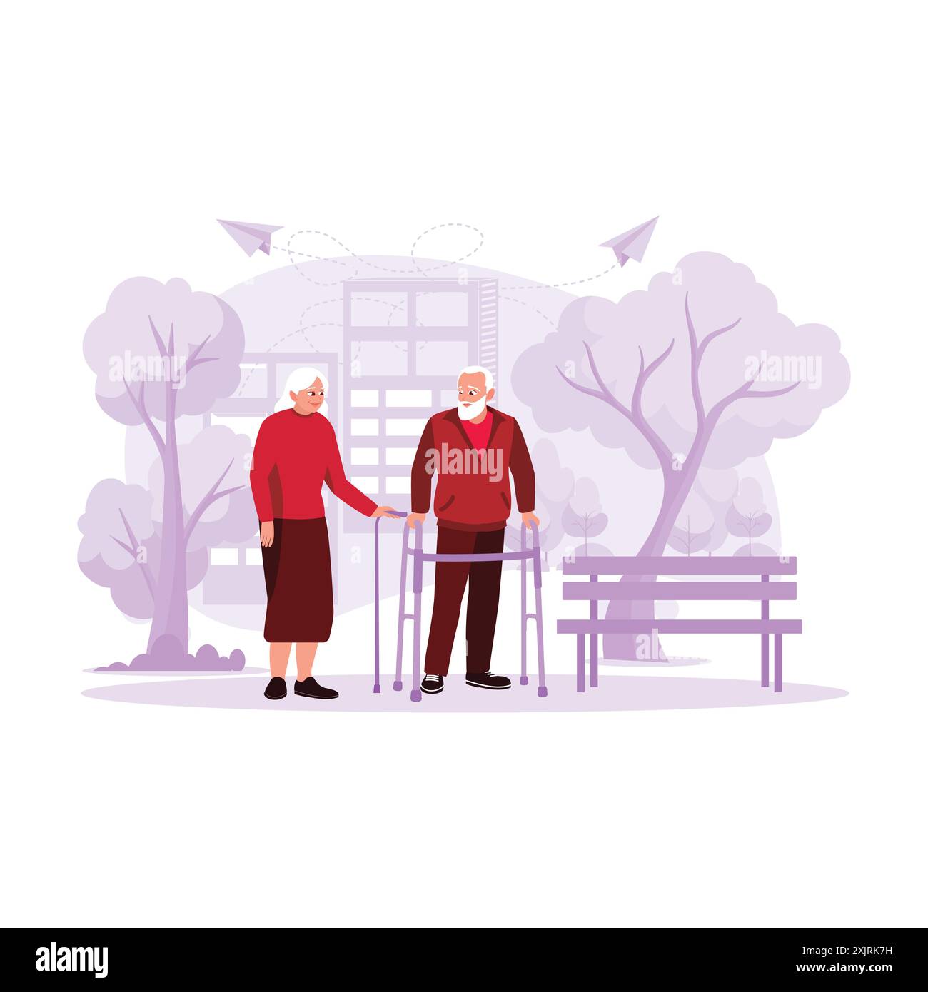The happy elderly couple walks together in the park with a rocking ...