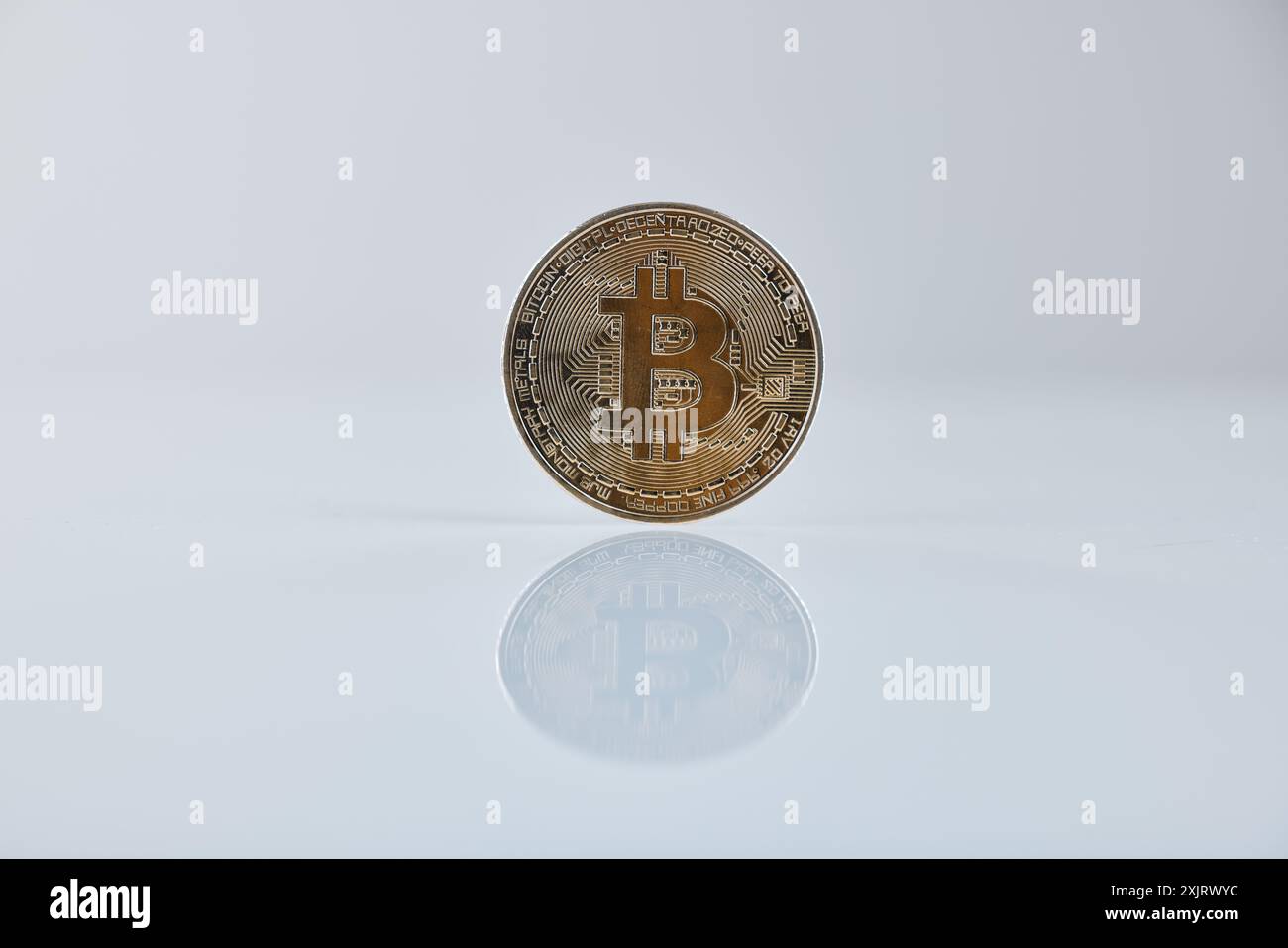 Coin, crypto and gold money in studio, reflection or trading virtual ...