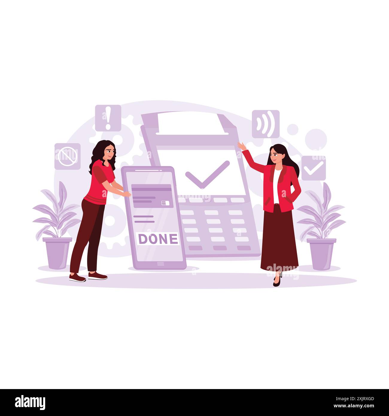 Cashless payment processes using NFC technology on smartphones. Code scan, card scanner, and reader. Trend Modern vector flat illustration. Stock Vector