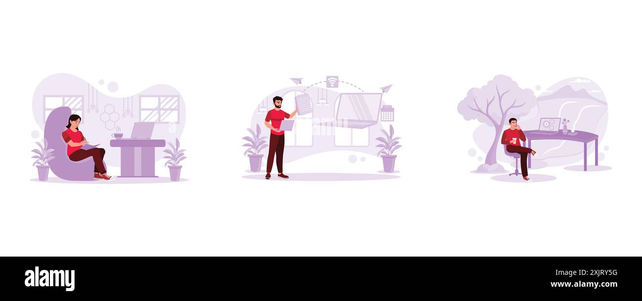 Female students were studying in cafes. Male freelancer working on a laptop and sending business messages. Freelancer working leisurely with a cup of Stock Vector