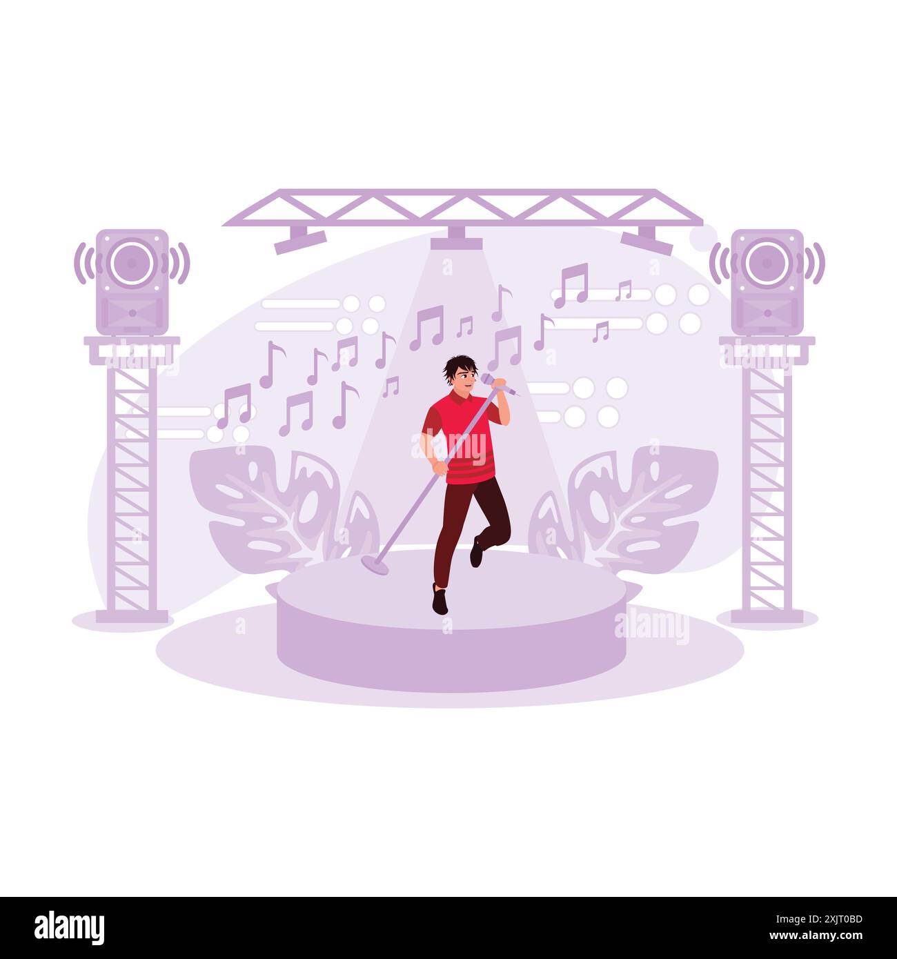 The young soloist looks good on stage. Trend Modern vector flat illustration. Stock Vector