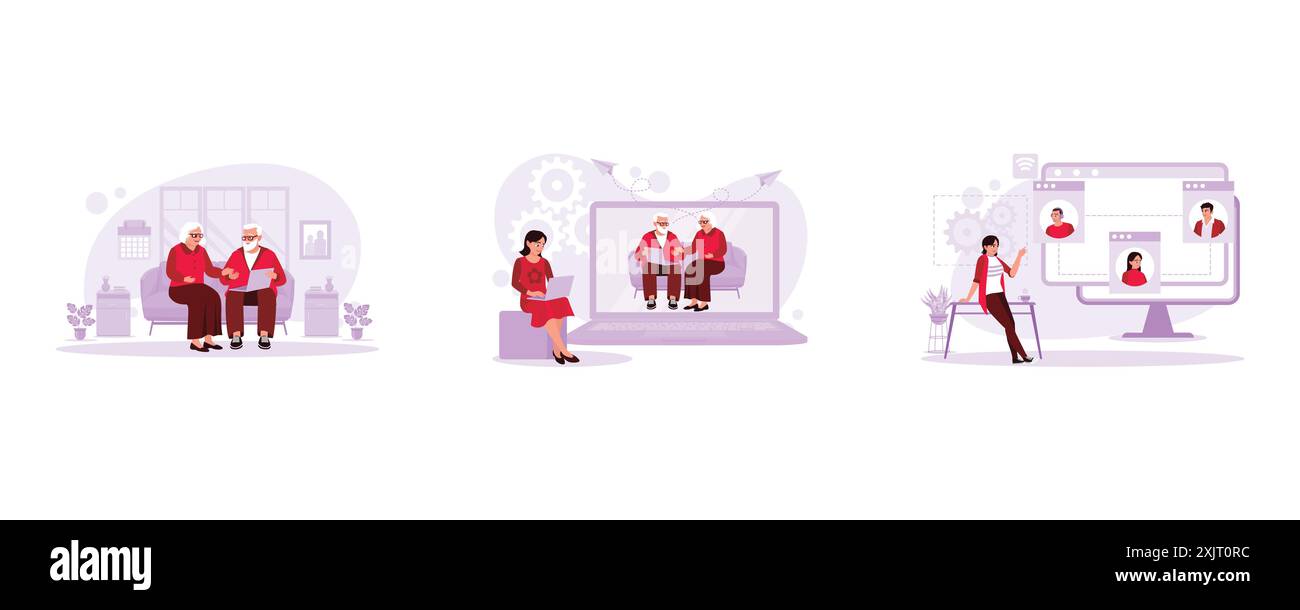 An elderly couple sat together on the sofa, watching a funny video. Young women are sitting and communicating with grandparents via video call. View o Stock Vector
