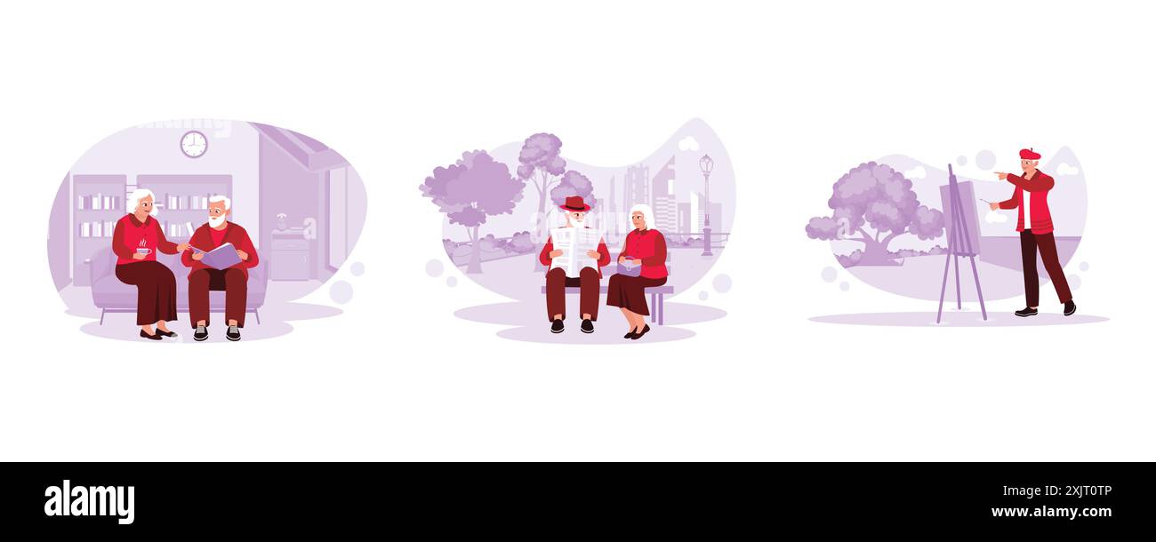 Elderly couple sitting together on the sofa. Mature couple talking and reading a newspaper in the park. Adult male painting on canvas in the garden. T Stock Vector