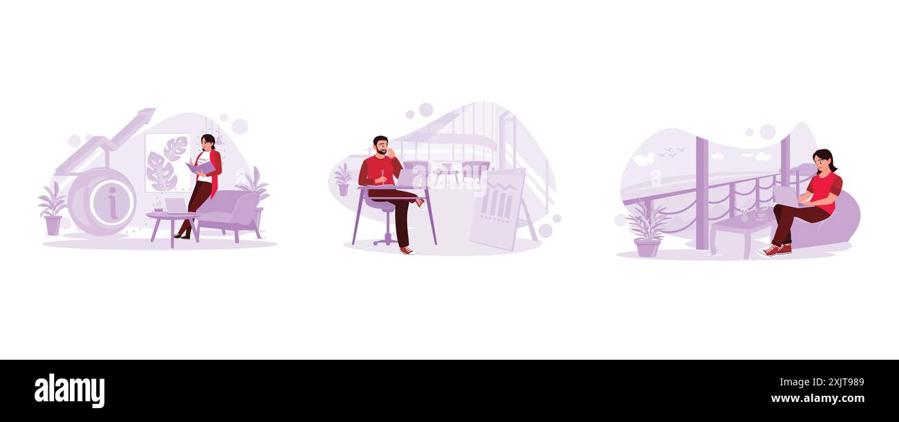 Female students concentrate on writing and taking notes. Freelancer man working with laptop in cafe. Freelance woman sitting relaxed and reporting on Stock Vector